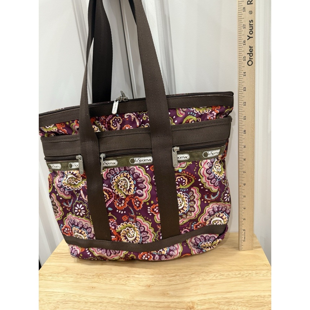 LeSportsac Tote Bag Large Travel Purse Floral Brown Red Multicolor 16"x14" - Picture 8 of 10